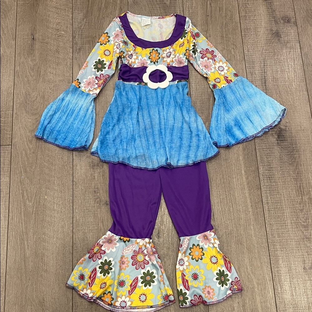 Hippie 60s 70s Floral Halloween Kids Blue and Purple Accents Costume Set